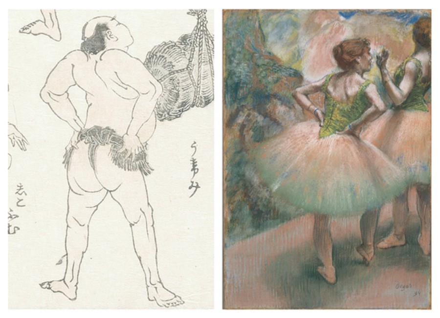 左:葛飾北齋的「北斎漫画」第十一編。右:法國畫家Edgar Degas的作品「Dancers, pick and green」
